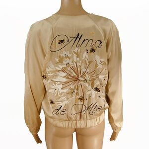 Ottd’Ame Gold Biege Embroidered Floral Bee Satin Bomber Jacket